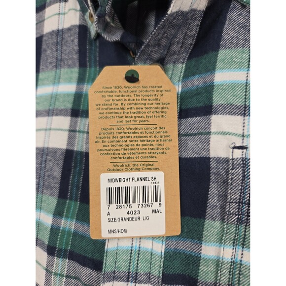 NEW Woolrich Midweight Flannel Shirt Blue Green Plaid Button Collar Men's Large - Picture 6 of 10